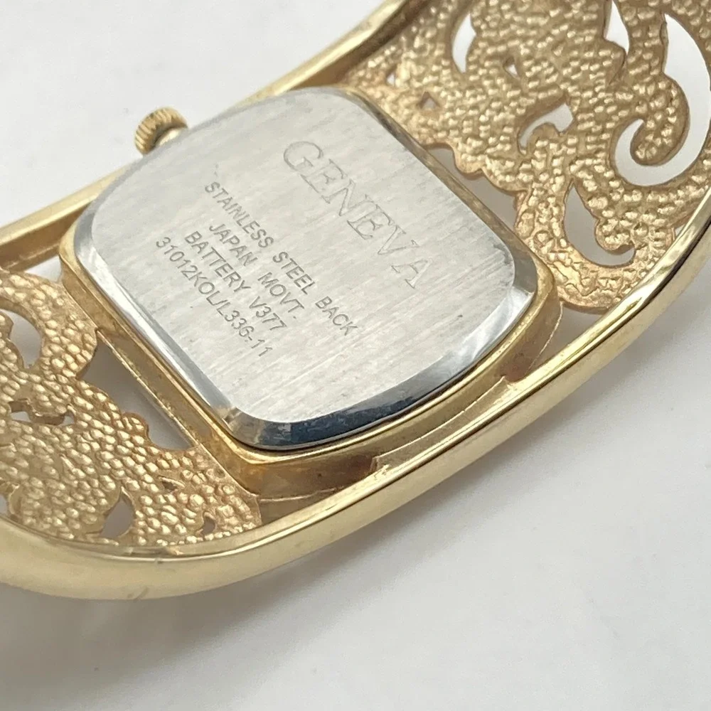 Geneva Women's Watch Gold Tone Cuff Scrollwork Enamel 30mm New Battery 6.5